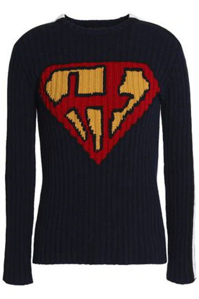 Shop Valentino Woman Intarsia-knit Wool Sweater Navy