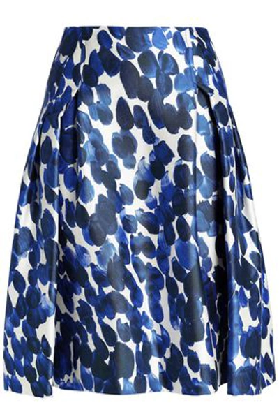 Shop Carolina Herrera Pleated Printed Silk And Wool-blend Skirt In Cobalt Blue
