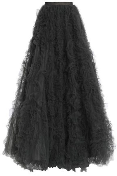 Shop Jenny Packham Woman Bow-detailed Ruffled Tulle Maxi Skirt Dark Gray