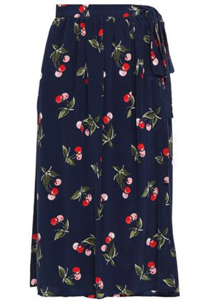 Shop Joie Woman Printed Silk Crepe De Chine Midi Wrap Skirt Navy