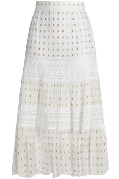 Shop Temperley London Woman Lace-trimmed Metallic Fil Coupé Crepe De Chine Midi Skirt White