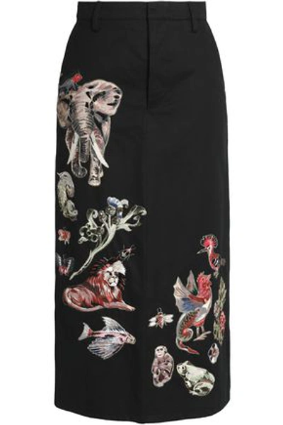 Shop Valentino Woman Embroidered Cotton-twill Midi Skirt Black