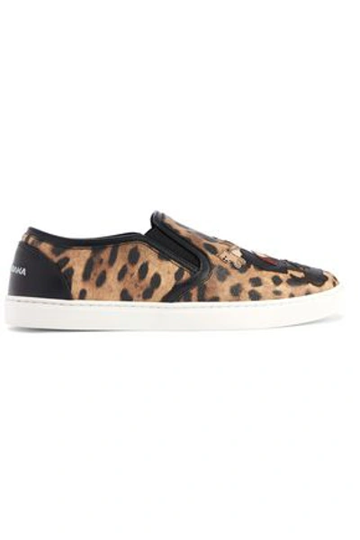 Shop Dolce & Gabbana Woman Appliquéd Leopard-print Textured-leather Slip-on Sneakers Animal Print