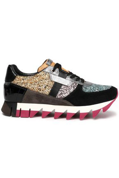 Shop Dolce & Gabbana Woman Glittered Paneled Suede Sneakers Gold