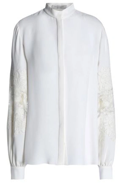 Shop Carolina Herrera Lace-trimmed Silk-cady Shirt In Ivory