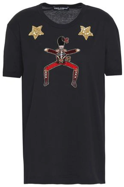 Shop Dolce & Gabbana Woman Embellished Appliquéd Cotton-jersey T-shirt Black