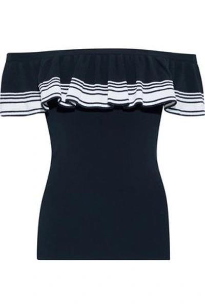 Shop Autumn Cashmere Woman Off-the-shoulder Ruffled Striped Knitted Top Navy