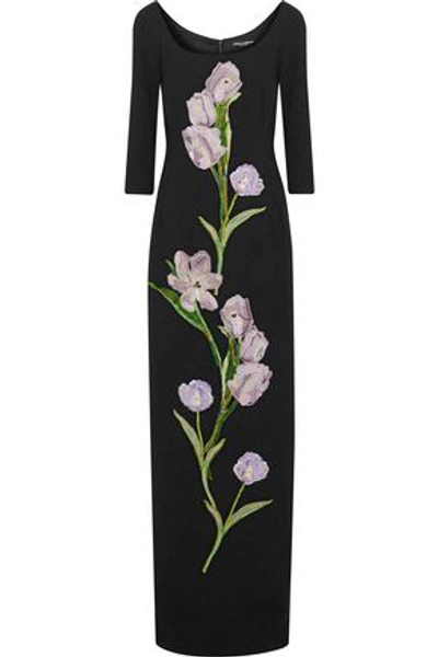 Shop Dolce & Gabbana Woman Floral-appliquéd Stretch-wool Gown Black