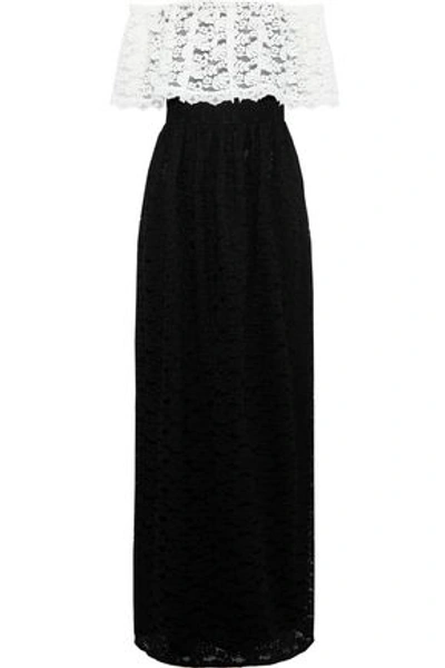 Shop Mikael Aghal Off-the-shoulder Two-tone Lace Gown In Black