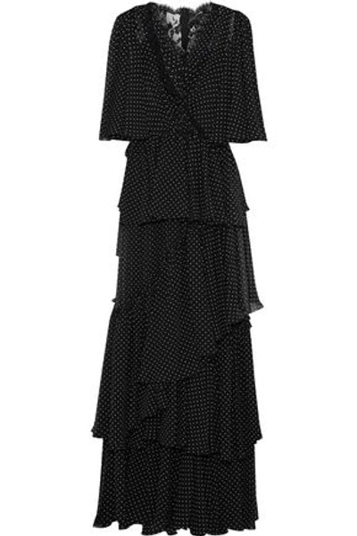 Shop Dolce & Gabbana Woman Lace-paneled Tiered Polka-dot Chiffon Maxi Dress Black