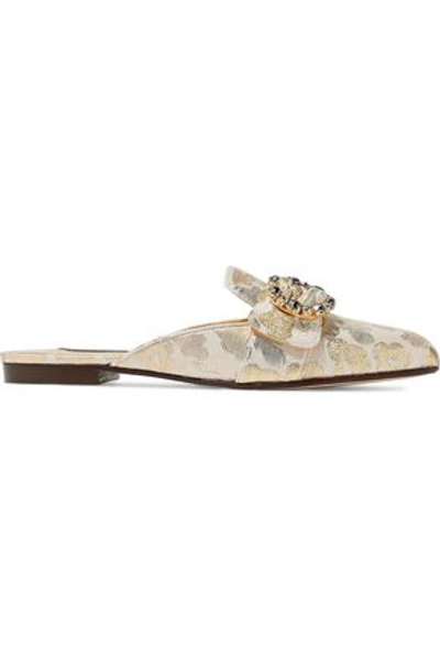 Shop Dolce & Gabbana Crystal-embellished Buckled Brocade Slippers In Gold