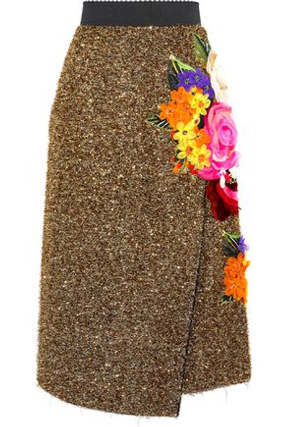 Shop Dolce & Gabbana Wrap-effect Floral-appliquéd Tinsel Skirt In Gold