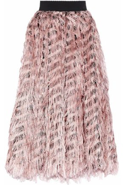 Shop Dolce & Gabbana Woman Metallic Fringed Organza Midi Skirt Baby Pink