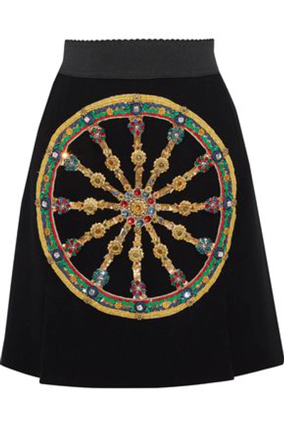 Shop Dolce & Gabbana Woman Embellished Wool Mini Skirt Black