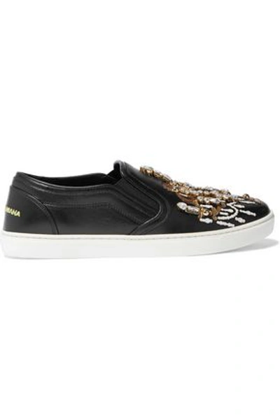 Shop Dolce & Gabbana Woman Embellished Leather Sneakers Black