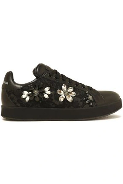 Shop Dolce & Gabbana Woman Crystal-embellished Lace-paneled Leather Sneakers Black