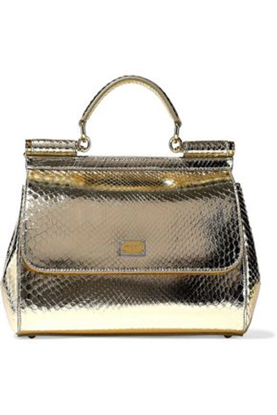 Shop Dolce & Gabbana Woman Sicily Metallic Python Shoulder Bag Gold In Platinum