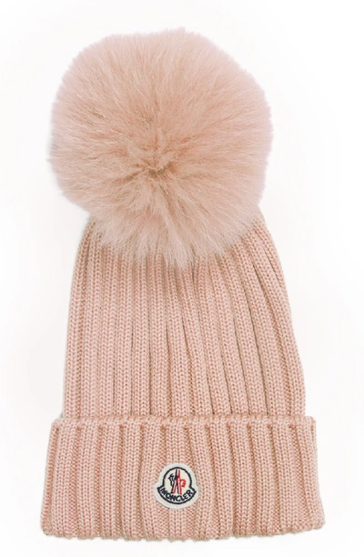Shop Moncler Genuine Fox Fur Pom Wool Beanie - Pink