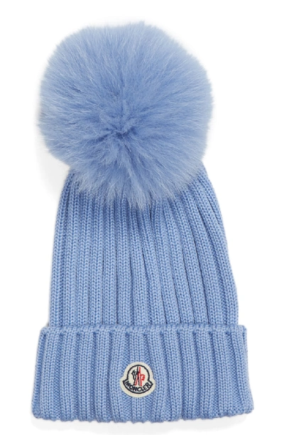 Shop Moncler Genuine Fox Fur Pom Wool Beanie - Blue