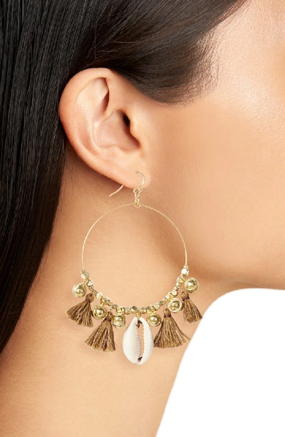 Shop Chan Luu Tassel & Cowry Shell Hoop Earrings In Deep Sage