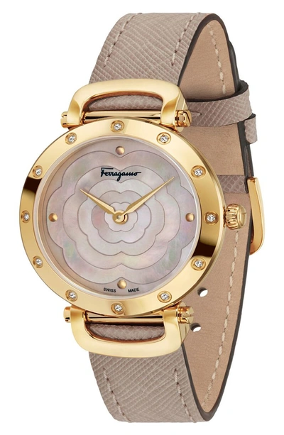 Shop Ferragamo Diamond Leather Strap Watch, 34mm In Beige/ Pink Mop/ Gold