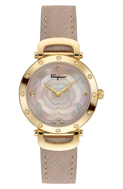 Shop Ferragamo Diamond Leather Strap Watch, 34mm In Beige/ Pink Mop/ Gold