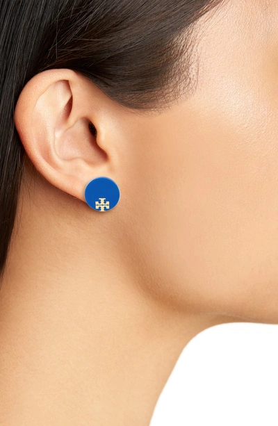 Shop Tory Burch Enamel Logo Stud Earrings In Indian Ocean/ Tory Gold