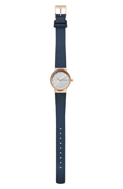 Shop Skagen Freja Crystal Accent Leather Strap Watch, 26mm In Blue/ White/ Rose Gold