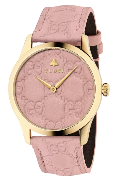 Shop Gucci G-timeless Logo Leather Strap Watch, 38mm In Pink/ Gold