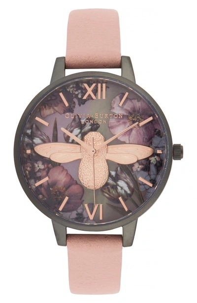 Shop Olivia Burton Leather Strap Watch, 34mm In Dust Pink/lil Floral/gunmetal