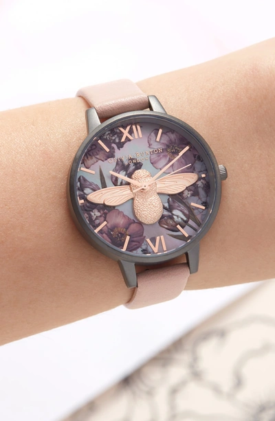 Shop Olivia Burton Leather Strap Watch, 34mm In Dust Pink/lil Floral/gunmetal