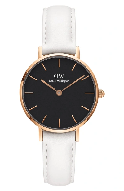 Shop Daniel Wellington Classic Petite Leather Strap Watch, 28mm In White/ Black/ Rose Gold