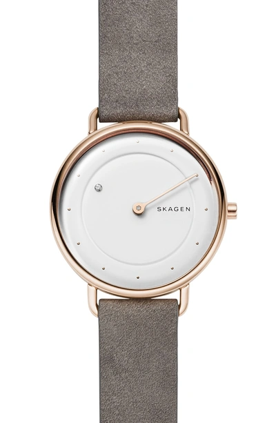 Shop Skagen Horisont Diamond Leather Strap Watch, 36mm In Grey/ White/ Rose Gold