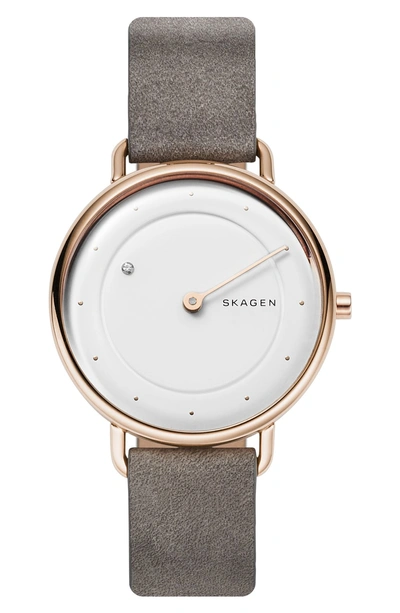 Shop Skagen Horisont Diamond Leather Strap Watch, 36mm In Grey/ White/ Rose Gold
