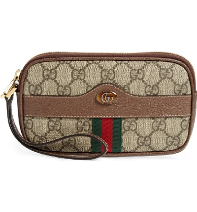 Shop Gucci Ophidia Gg Supreme Canvas Wristlet In Beige Ebony/ Acero/ Vert Red