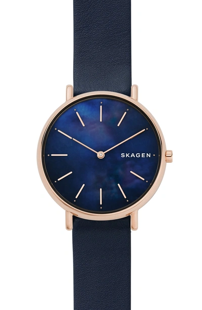 Shop Skagen Signatur Leather Strap Watch, 36mm In Blue/ Mop/ Rose Gold
