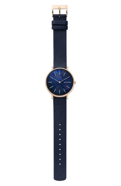 Shop Skagen Signatur Leather Strap Watch, 36mm In Blue/ Mop/ Rose Gold