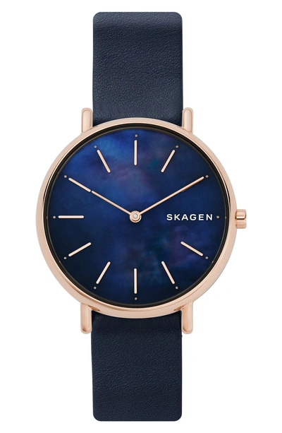 Shop Skagen Signatur Leather Strap Watch, 36mm In Blue/ Mop/ Rose Gold