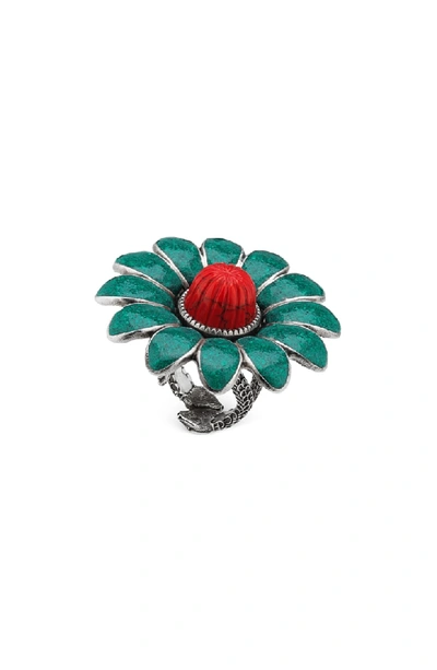 Shop Gucci Flower Ring In Sterling Silver/ Turquoise