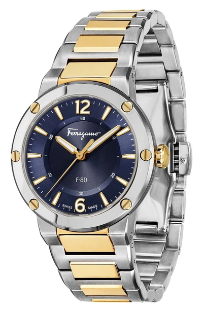 Shop Ferragamo F-80 Bracelet Watch, 34mm In Gold/ Blue/ Silver