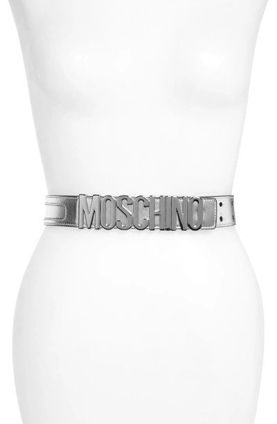 Shop Moschino Logo Plate Metallic Leather Belt In Silver/ Nickel