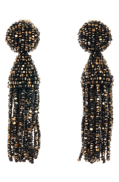 Shop Oscar De La Renta Short Beaded Tassel Clip Earrings In Black/ Gold