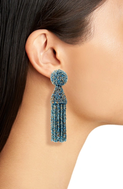 Shop Oscar De La Renta Short Beaded Tassel Clip Earrings In Blue