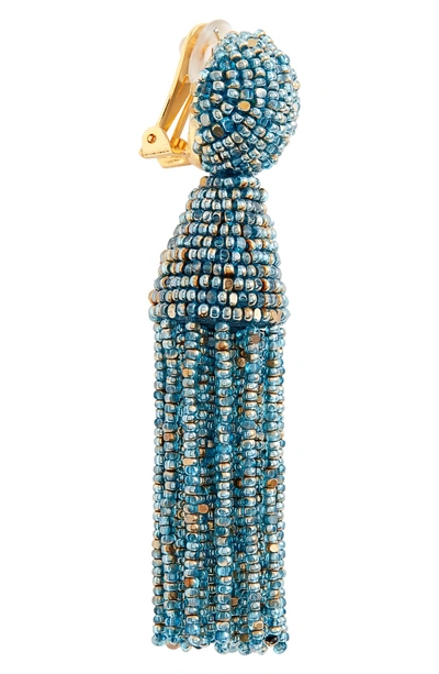 Shop Oscar De La Renta Short Beaded Tassel Clip Earrings In Blue
