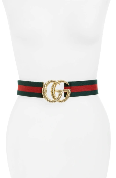 Shop Gucci Logo Buckle Stripe Webbed Elastic Belt In Verde