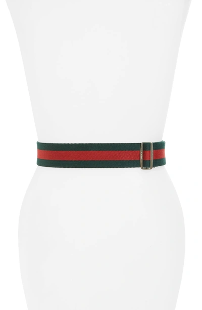 Shop Gucci Logo Buckle Stripe Webbed Elastic Belt In Verde