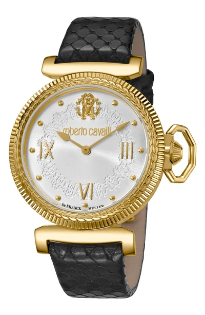 Shop Roberto Cavalli By Franck Muller Classic Leather Strap Watch, 38m In Black/ Silver/ Gold