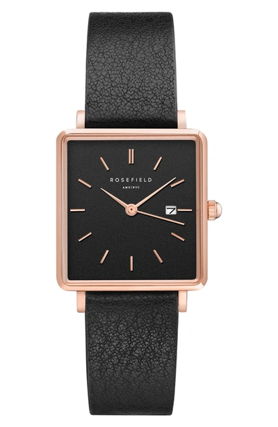 Shop Rosefield The Boxy Leather Strap Watch, 26mm X 28mm In Black/ Rose Gold