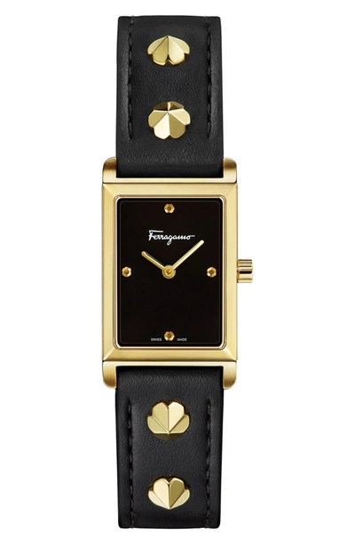 Shop Ferragamo Fiore Studs Leather Strap Watch, 34mm In Black/ Gold