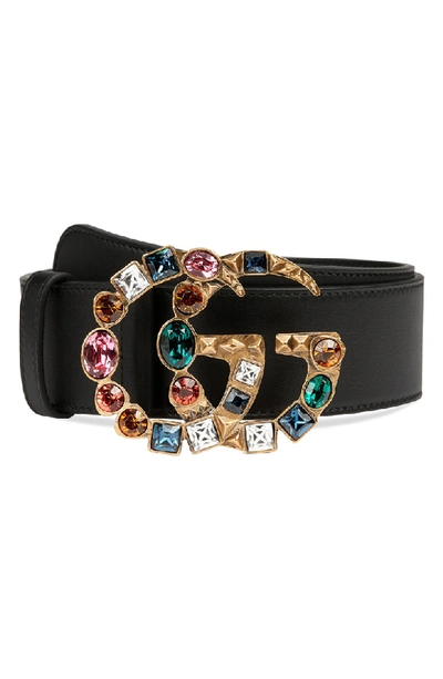 Shop Gucci Gg Crystal Buckle Leather Belt In Nero/ Multi